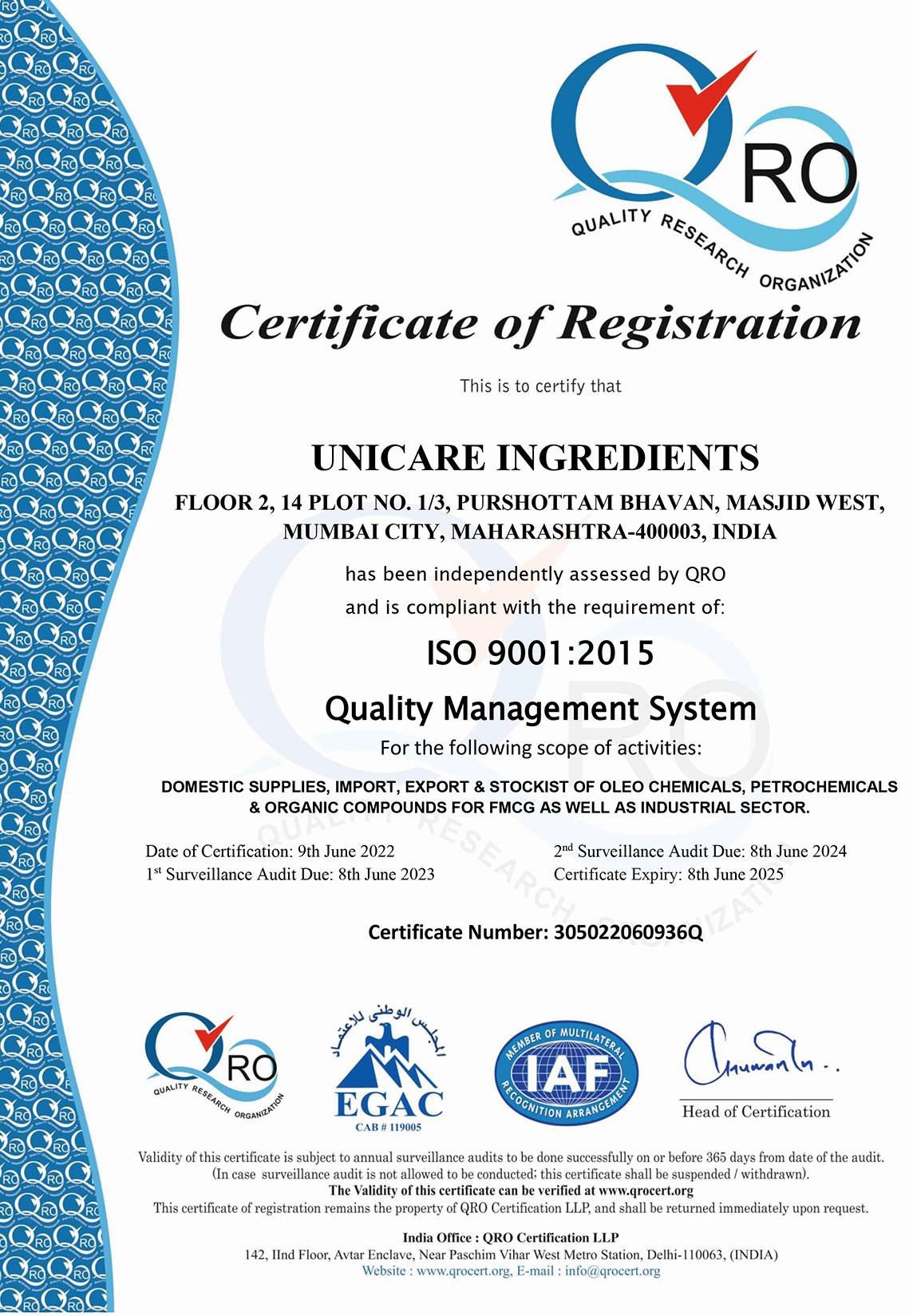 Unicare Ingredients An ISO 9001:2015 Certified Company